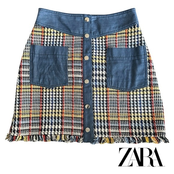 Zara Dresses & Skirts - Zara Blue Multi Tweed Plaid Mini Skirt Pockets Snap Front Denim Colorful…